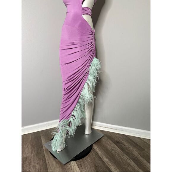 NWT Nervi Sylvia Wisteria One Shoulder Cutout Feather Trim Dres Purple Size IT 3 - Picture 11 of 13